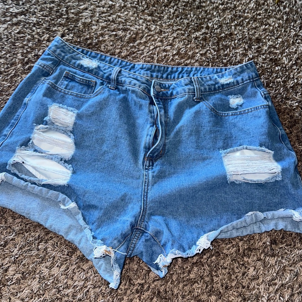 SHEIN Blue Distressed Jean Shorts with Frayed Hem
